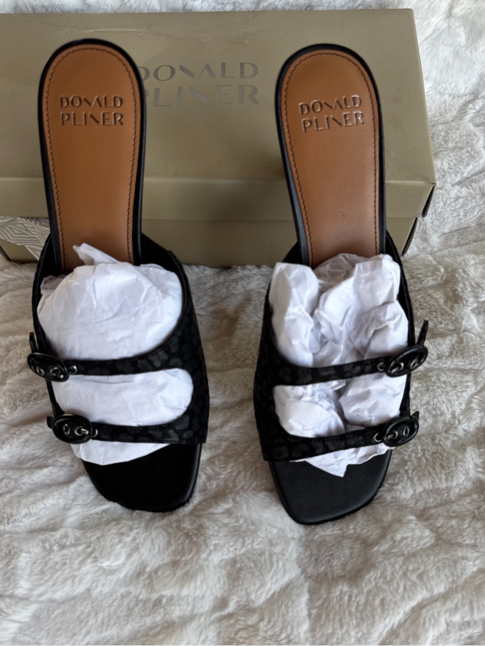Donald Pliner Black Patterned Double-Buckle Slide Heels